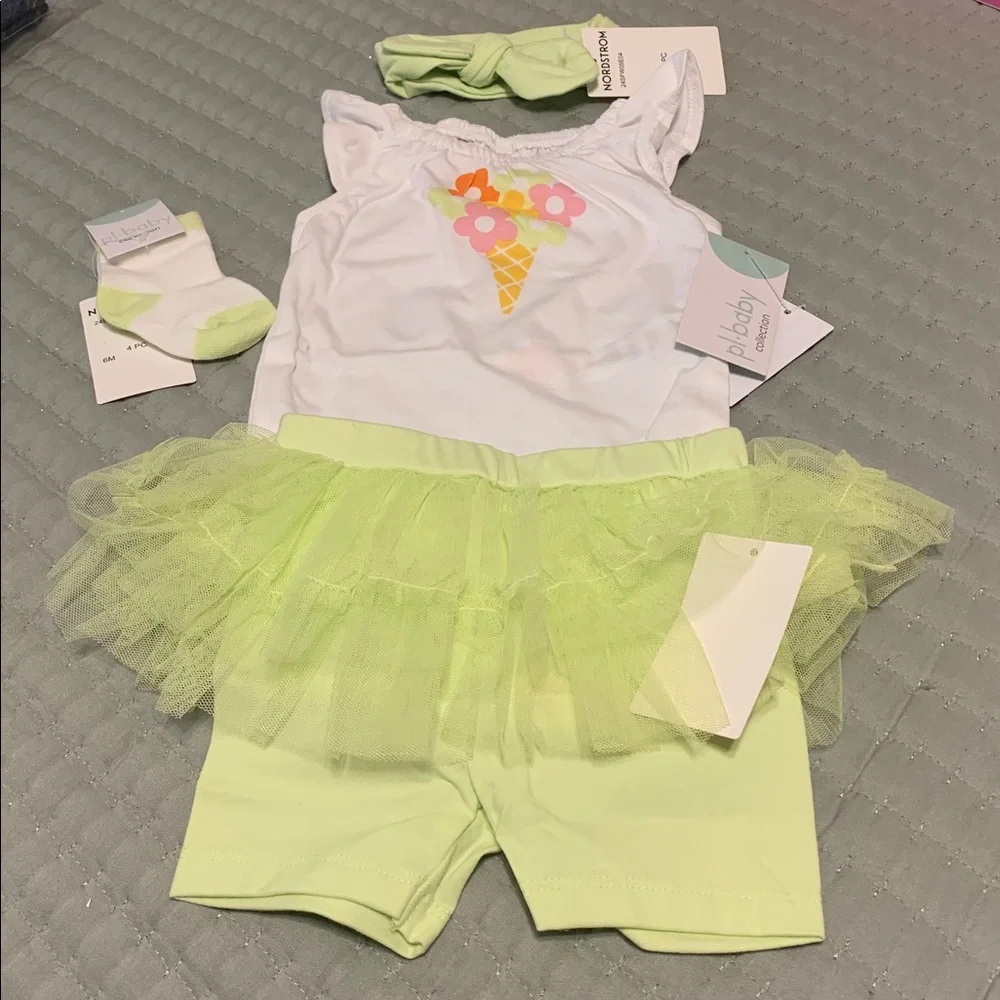 Nordstrom White & Lime Green Tutu Romper Ice Cream Floral Graphic NEW Size 6 Mo